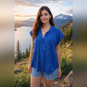 Maeve By Anthropologie Blouse Size Large Blue With Green Dots Shirt